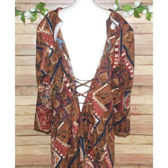 Vintage Diana Marco Brown Maxi Dress Size 22 Patterned Long Sleeve Ethnic Retro - Picture 8 of 12